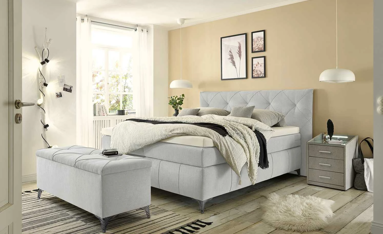 meinBett Bettbank mit Stauraum Chester | Hellgrau 1 meinBett Bettbank mit Stauraum Chester | Hellgrau