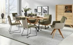 KOINOR Leder-Kufen-Bank auf Holzpodest drehbar Schwof | Verde (Dunkelgrün) / Kontrastfaden Beige Drehfunktion