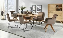 KOINOR Leder-Kufen-Bank auf Holzpodest drehbar Schwof | Muskat (Braun) / Kontrastfaden Beige Drehfunktion