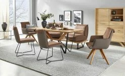 KOINOR Leder-Kufen-Bank auf Holzpodest drehbar Schwof | Chai (Hellbraun) / Kontrastfaden Beige Drehfunktion