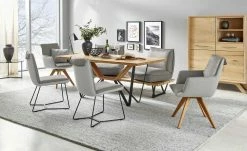 KOINOR Leder-Kufen-Bank auf Holzpodest drehbar Schwof | Asphalt (Hellgrau) / Kontrastfaden Schwarz Drehfunktion