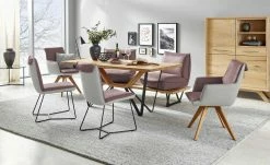 KOINOR Leder-Kufen-Bank auf Holzpodest drehbar Schwof | Plum (Rosa) / Kontrastfaden Hellgrau Drehfunktion