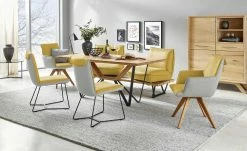 KOINOR Leder-Kufen-Bank auf Holzpodest drehbar Schwof | Safran (Gelb) / Kontrastfaden Grau Drehfunktion