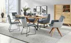 KOINOR Leder-Kufen-Bank auf Holzpodest drehbar Schwof | Mare (Blau) / Kontrastfaden Hellgrau Drehfunktion