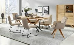 KOINOR Leder-Kufen-Bank auf Holzpodest drehbar Schwof | Jade (Beige) / Kontrastfaden Dunkelbraun Drehfunktion