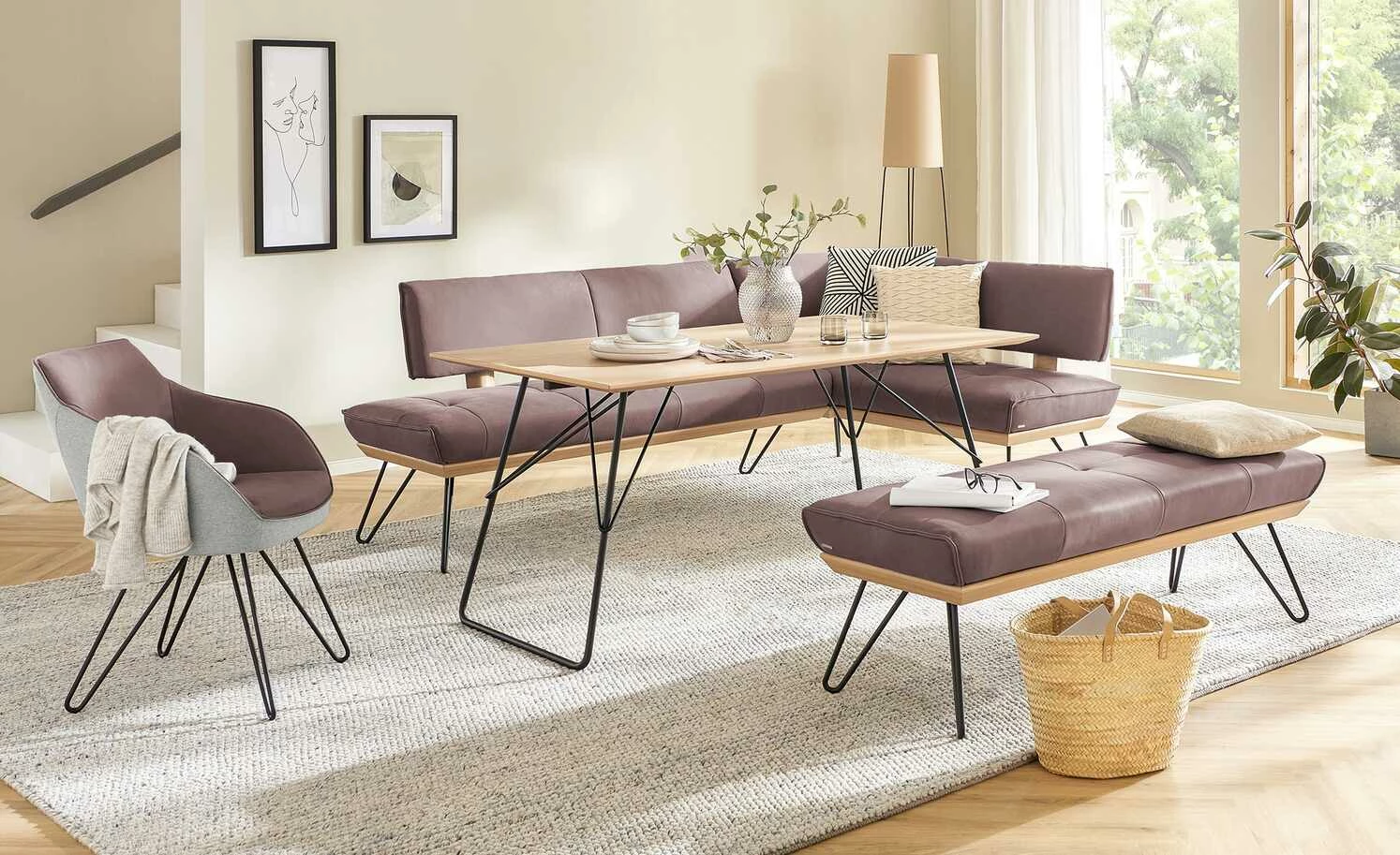 KOINOR Leder-Eckbank Dining System 4 | Plum (Rosa) / Kontrastnaht Hellgrau links 217|cm 1 KOINOR Leder-Eckbank Dining System 4 | Plum (Rosa) / Kontrastnaht Hellgrau links 217|cm
