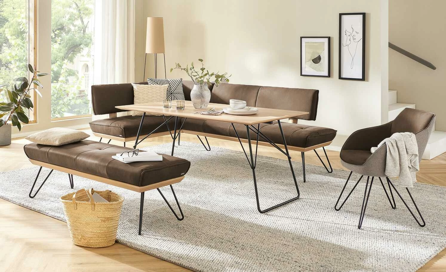 KOINOR Leder-Eckbank Dining System 4 | Muskat (Braun) / Kontrastnaht Beige rechts 217|cm 1 KOINOR Leder-Eckbank Dining System 4 | Muskat (Braun) / Kontrastnaht Beige rechts 217|cm