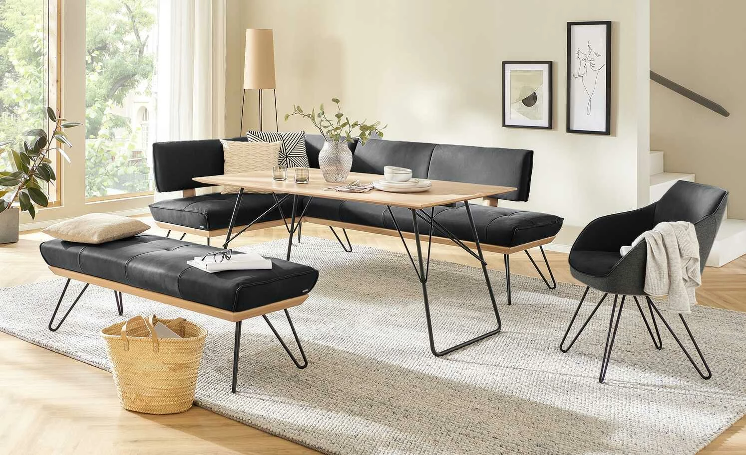 KOINOR Leder-Eckbank Dining System 4 | Omega (Dunkelgrau) / Kontrastnaht Hellgrau rechts 217|cm 1 KOINOR Leder-Eckbank Dining System 4 | Omega (Dunkelgrau) / Kontrastnaht Hellgrau rechts 217|cm