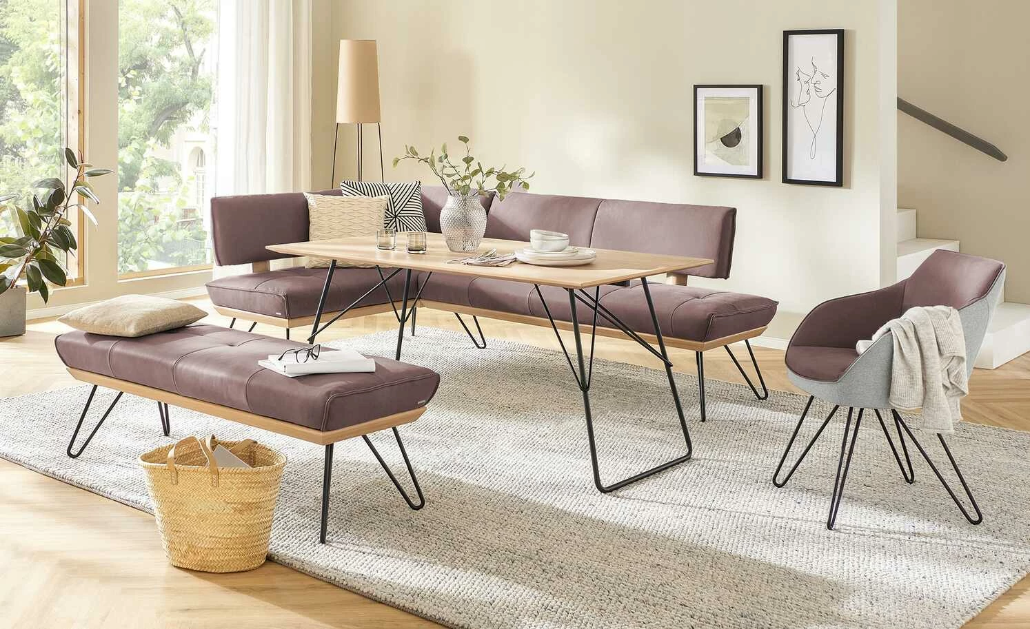 KOINOR Leder-Eckbank Dining System 4 | Plum (Rosa) / Kontrastnaht Hellgrau rechts 217|cm 1 KOINOR Leder-Eckbank Dining System 4 | Plum (Rosa) / Kontrastnaht Hellgrau rechts 217|cm