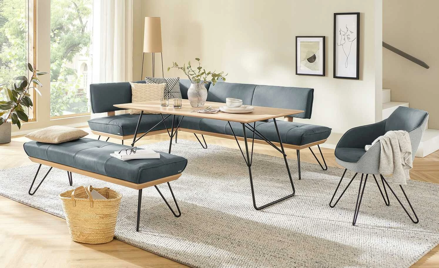 KOINOR Leder-Eckbank Dining System 4 | Mare (Blau) / Kontrastnaht Hellgrau rechts 217|cm 1 KOINOR Leder-Eckbank Dining System 4 | Mare (Blau) / Kontrastnaht Hellgrau rechts 217|cm